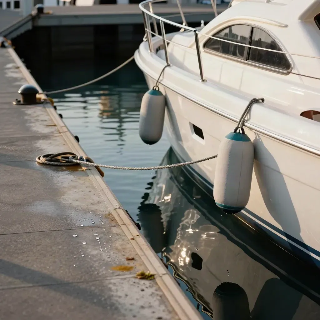 Yacht liegt passgenau an der Kaje, Fender und Leinen in feinem Spritzwasser.