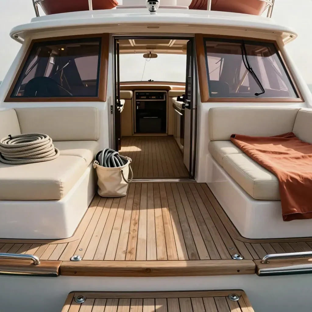 Übergabefertige Charteryacht mit aufgeräumtem Cockpit, warmem Teak und sauber verstauten Leinen.