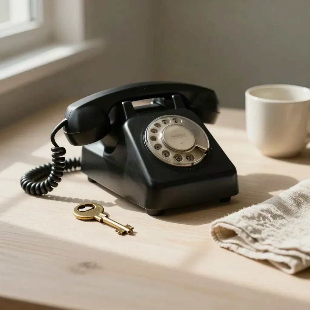 Schwarzes Bordtelefon, Messing-Schlüsselring und leere Tasse auf hellem Holz.