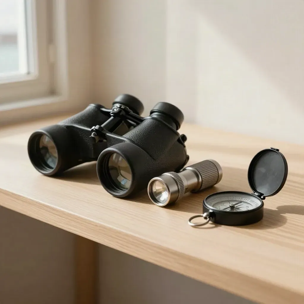 Fernglas, Taschenlampe und schwarzer Kompass auf schmaler Holzablage